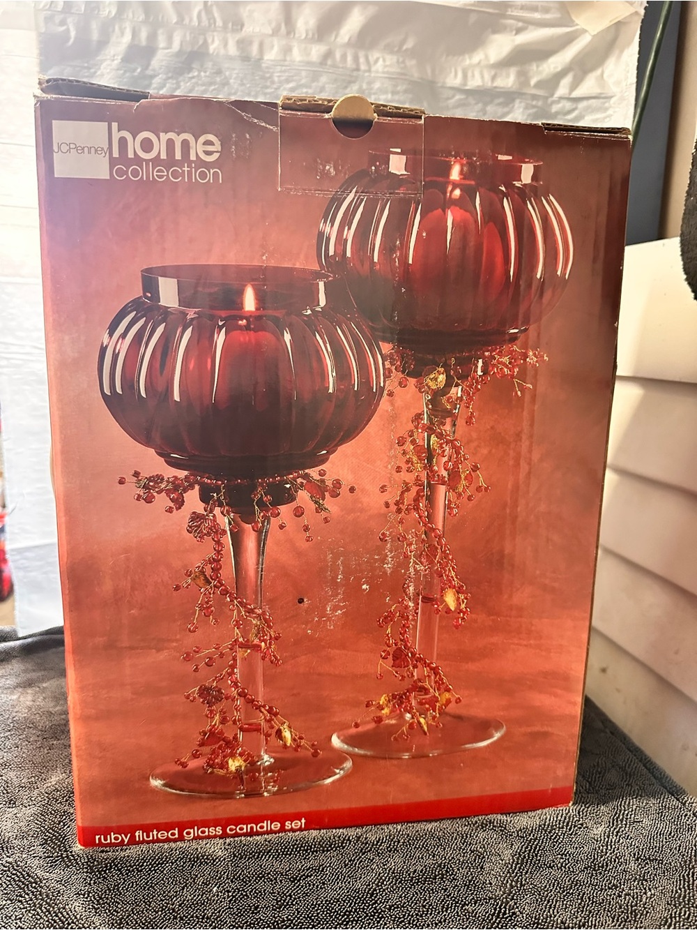 JCPenney Home Collection Ruby Red Fluted Glass Candle Set NIB